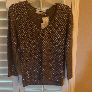 NWT I. Magnine Cashmere Sequin V-Neck Top - Cappuccino Color